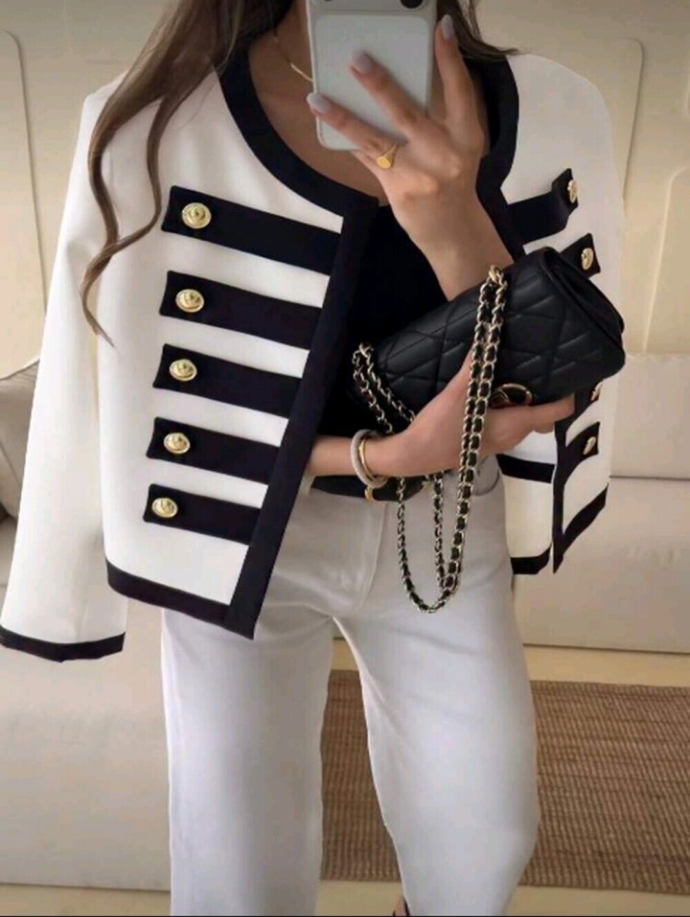 Black & White Contrast Trim Double-Breasted Round Neck Royal Style
